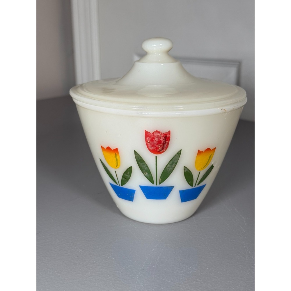 Vintage Fire-King Tulip Milk Glass Grease Jar with Lid 1950's MCM Kitchenware 2